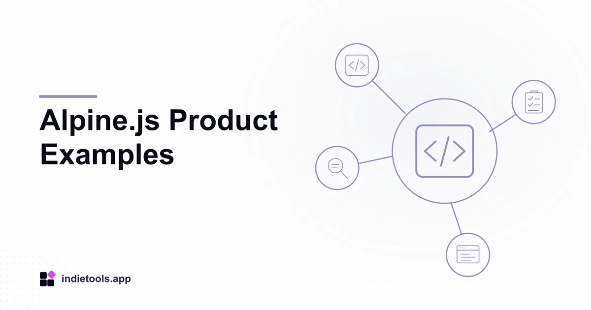 Alpine.js Product Examples: code illustration with IndieTools branding