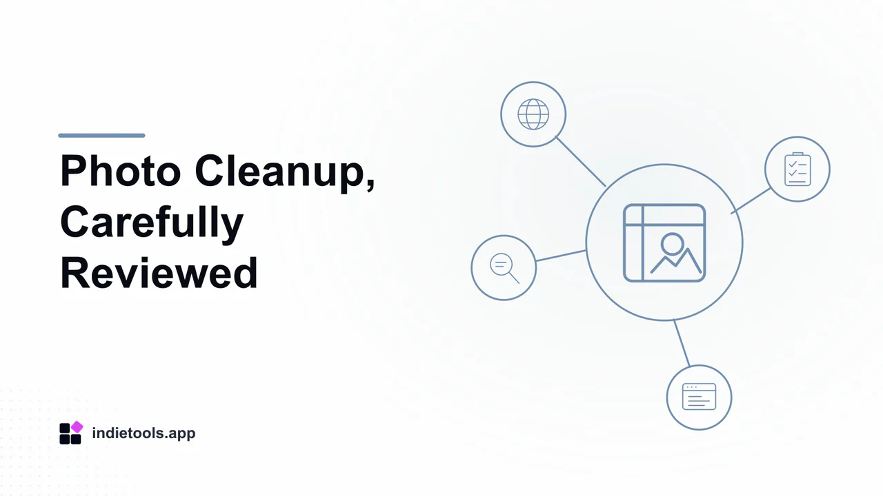 Photo Cleanup, Carefully Reviewed: design illustration with IndieTools branding