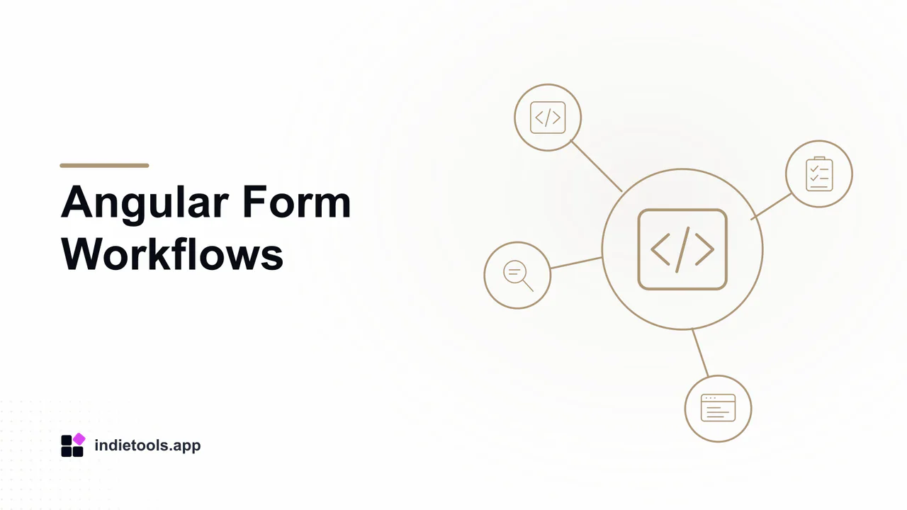 Angular Form Workflows: code illustration with IndieTools branding