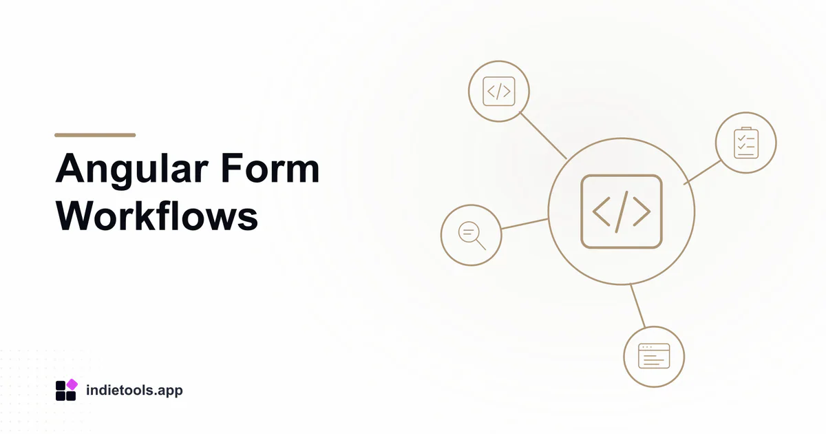 Angular Form Workflows: code illustration with IndieTools branding