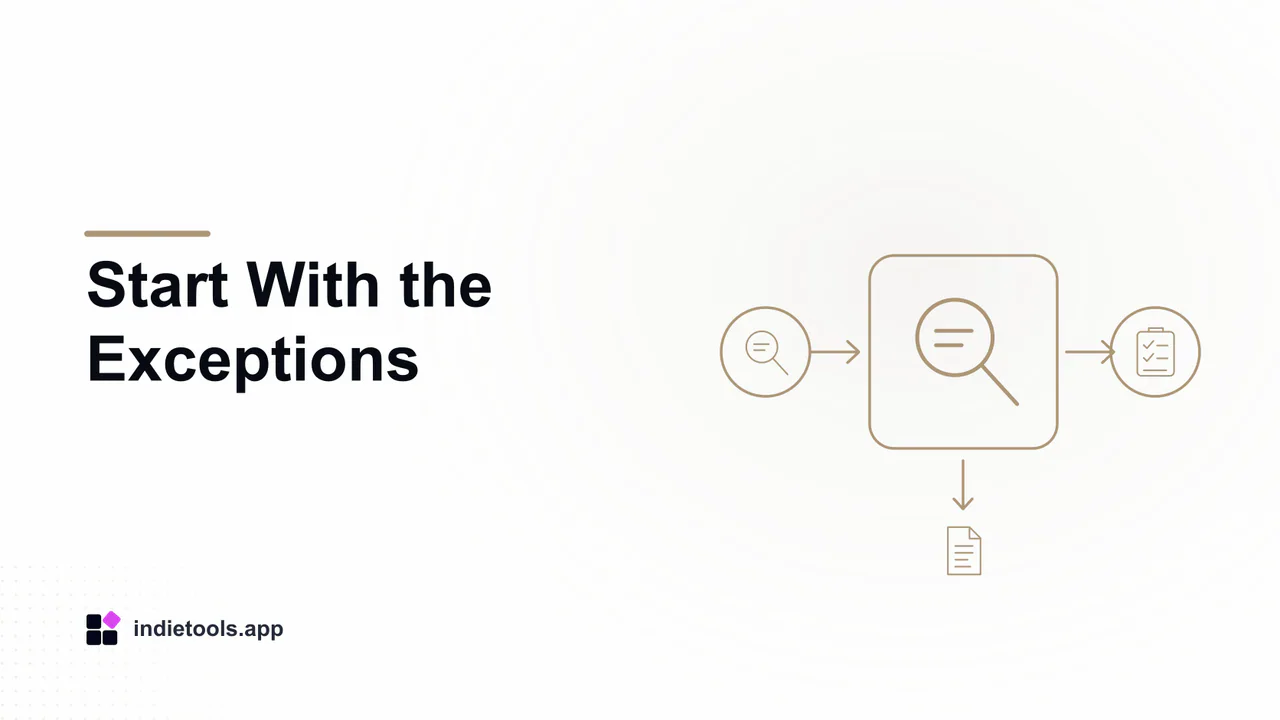 Start With the Exceptions: search illustration with IndieTools branding