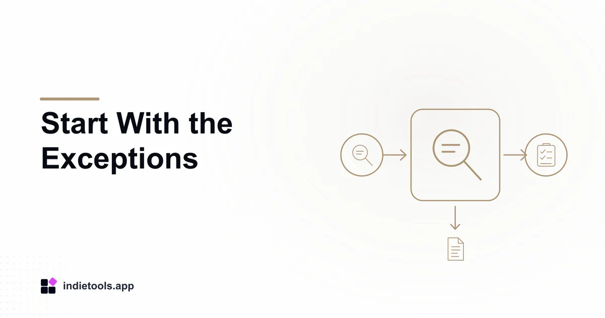 Start With the Exceptions: search illustration with IndieTools branding