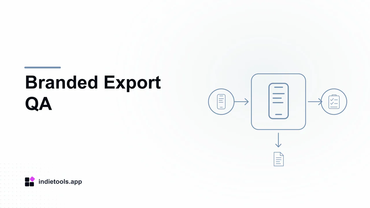 Branded Export QA: phone illustration with IndieTools branding