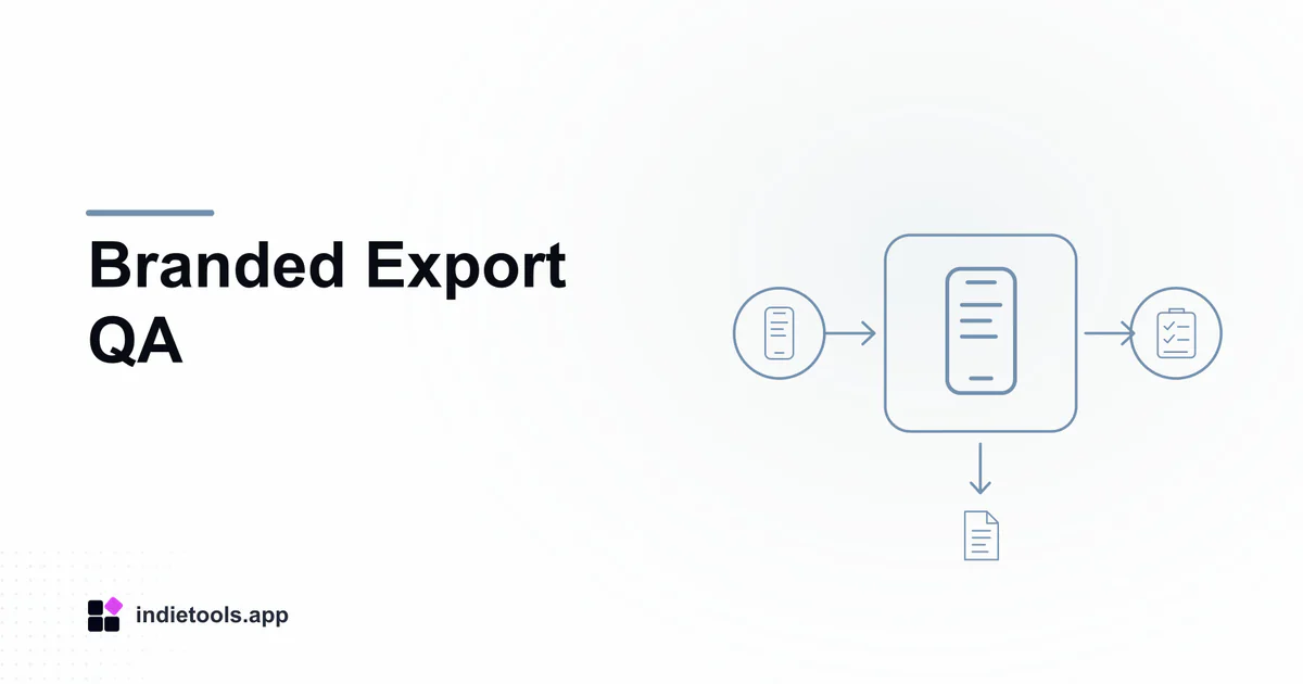 Branded Export QA: phone illustration with IndieTools branding