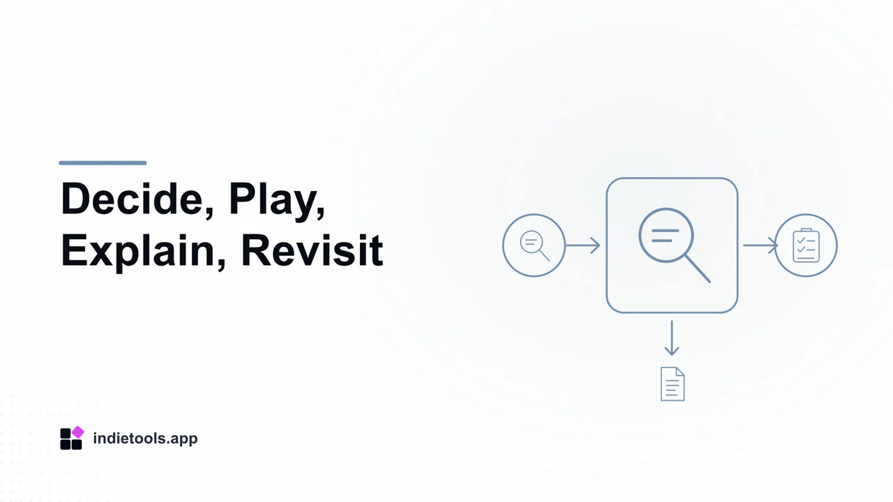 Decide, Play, Explain, Revisit: search illustration with IndieTools branding