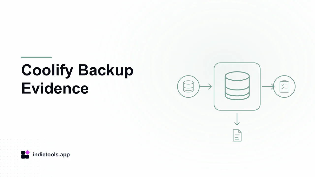 Coolify Backup Evidence: database illustration with IndieTools branding