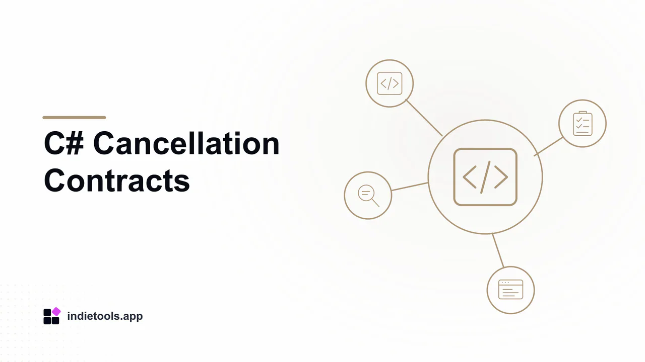 C# Cancellation Contracts: code illustration with IndieTools branding