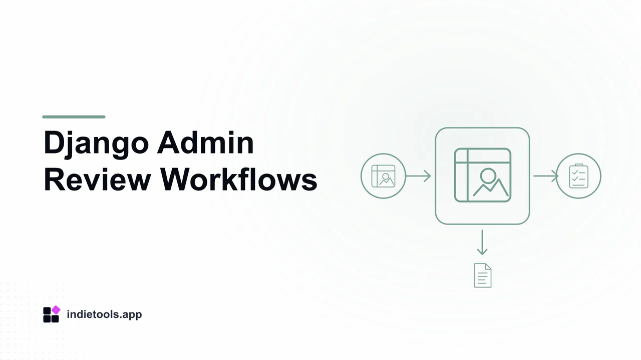 Django Admin Review Workflows: design illustration with IndieTools branding