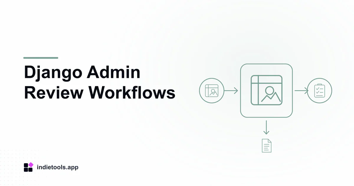 Django Admin Review Workflows: design illustration with IndieTools branding
