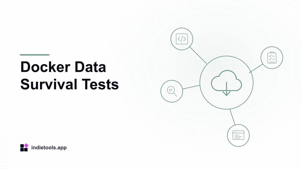 Docker Data Survival Tests: cloud illustration with IndieTools branding