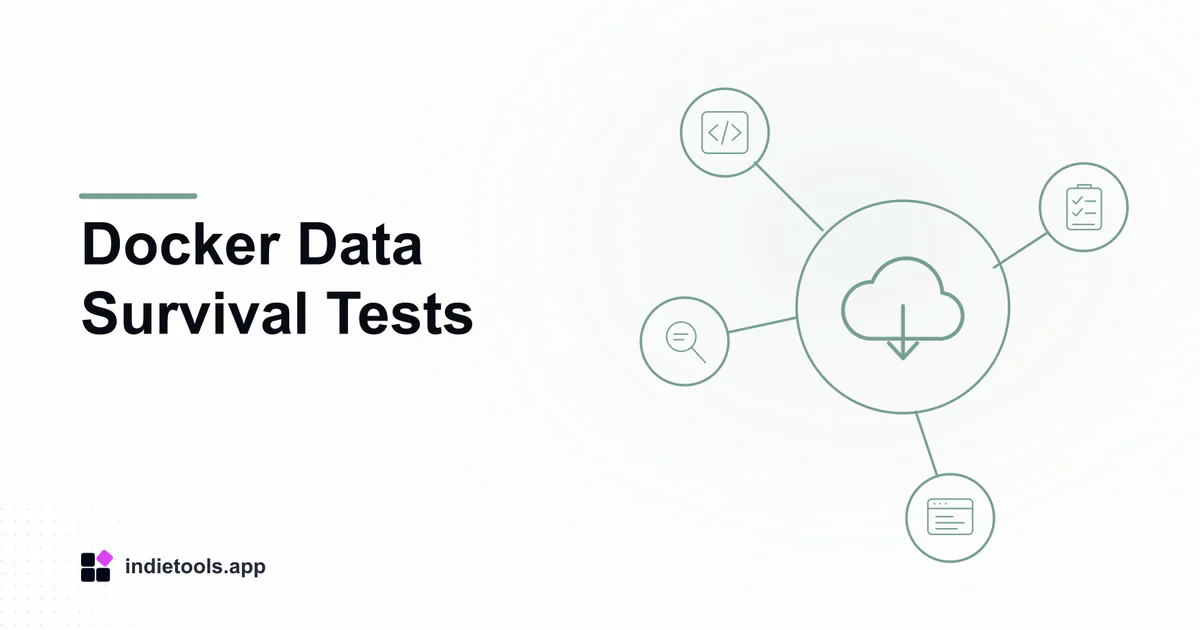 Docker Data Survival Tests: cloud illustration with IndieTools branding