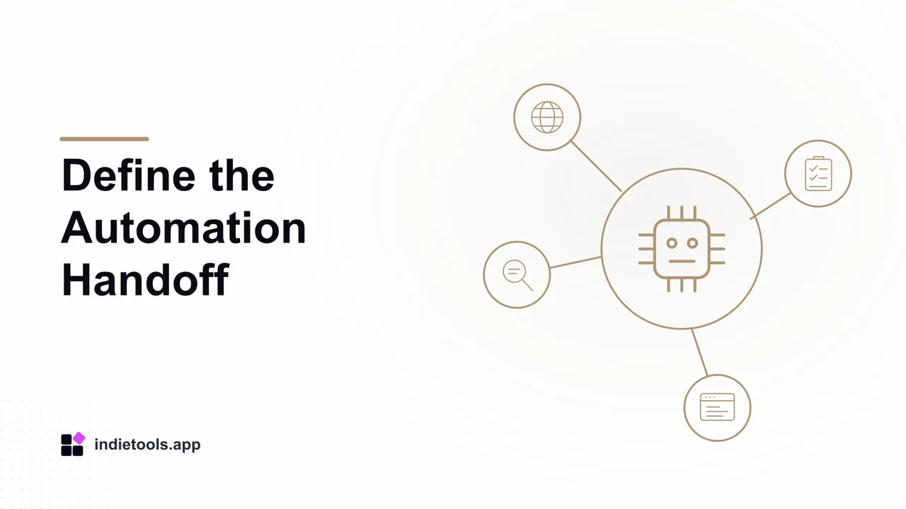 Define the Automation Handoff: ai illustration with IndieTools branding