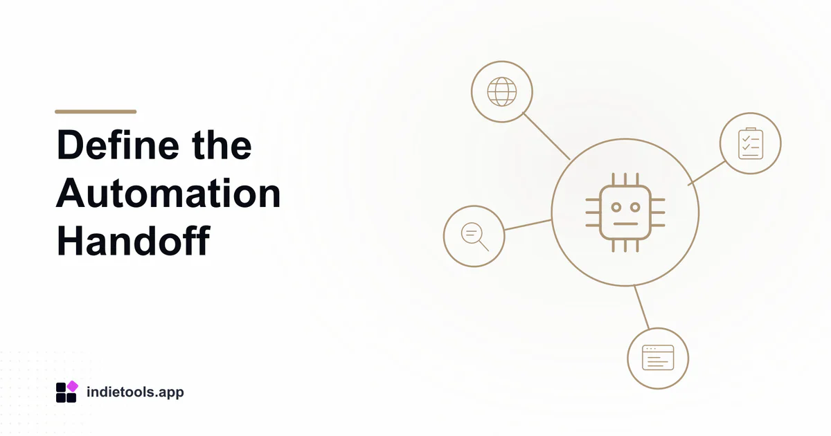Define the Automation Handoff: ai illustration with IndieTools branding