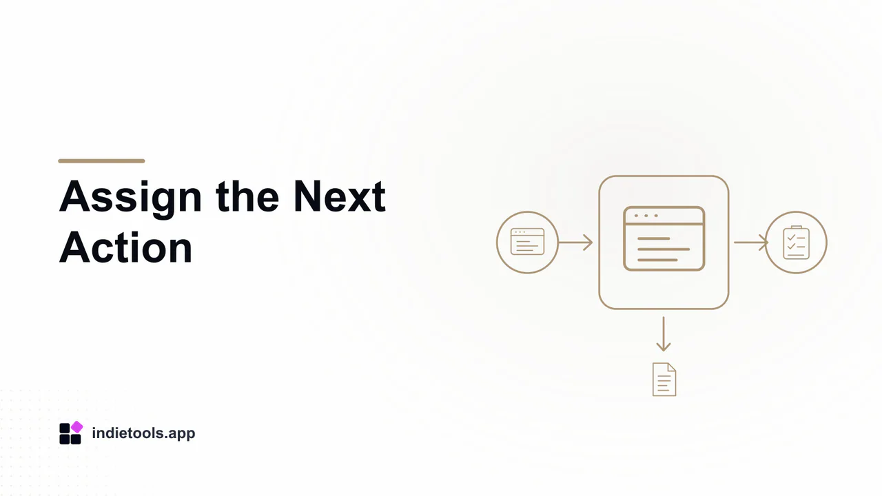Assign the Next Action: browser illustration with IndieTools branding