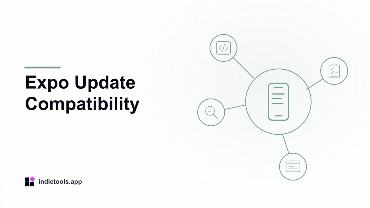 Expo Update Compatibility: phone illustration with IndieTools branding