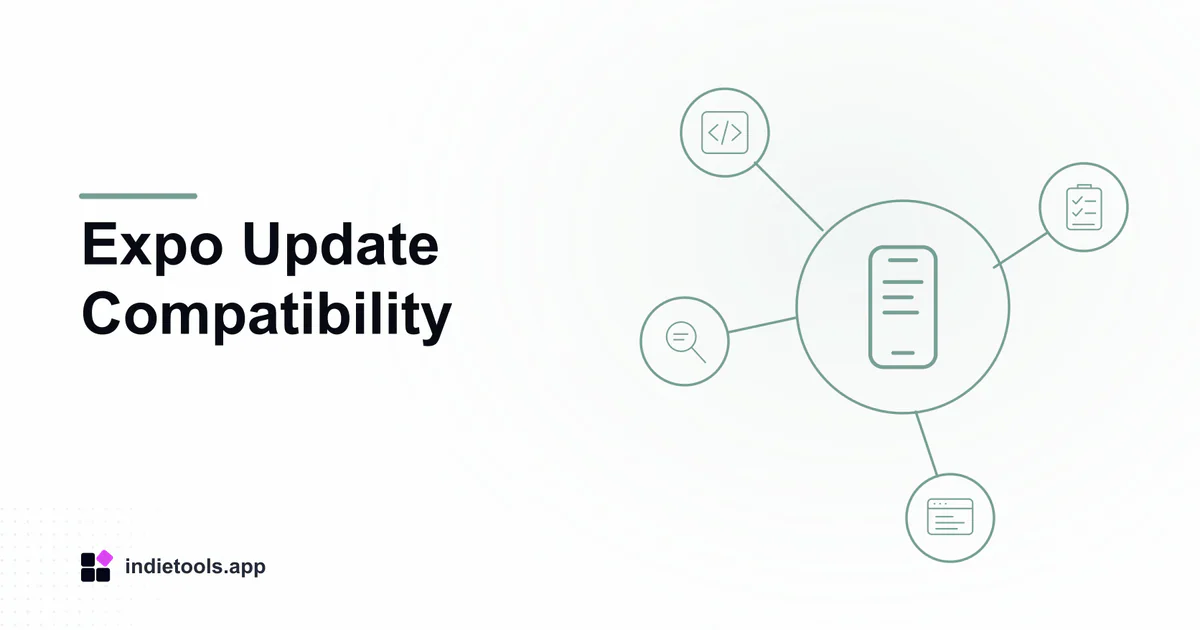 Expo Update Compatibility: phone illustration with IndieTools branding