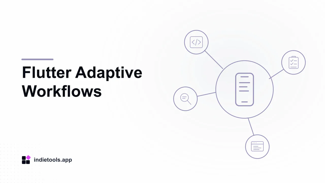 Flutter Adaptive Workflows: phone illustration with IndieTools branding
