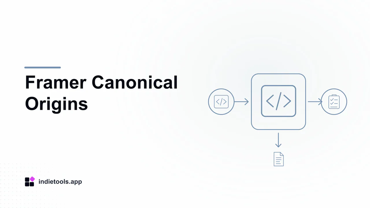 Framer Canonical Origins: code illustration with IndieTools branding