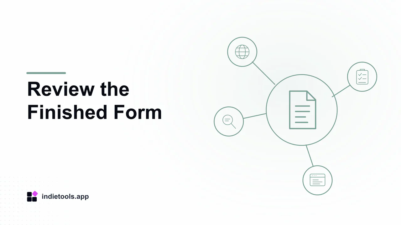 Review the Finished Form: document illustration with IndieTools branding