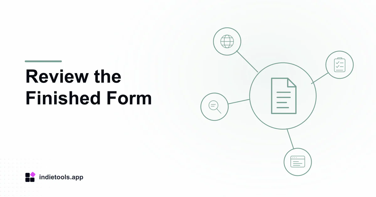 Review the Finished Form: document illustration with IndieTools branding