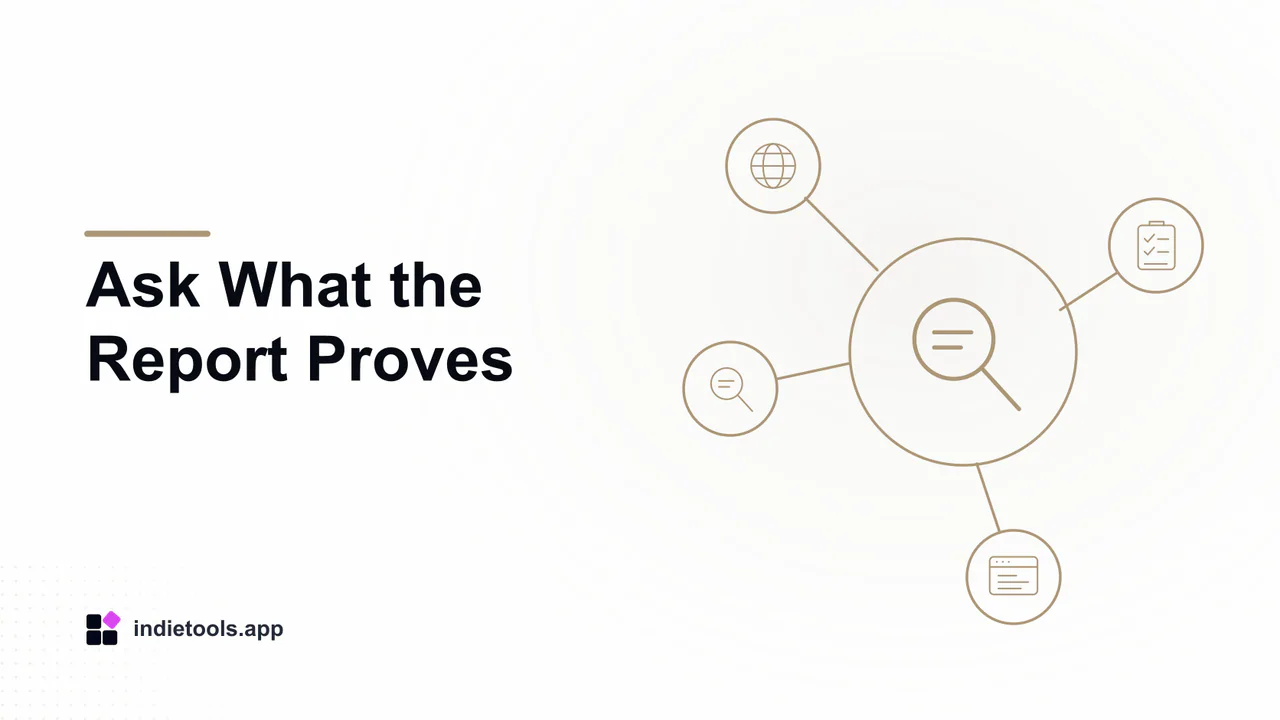 Ask What the Report Proves: search illustration with IndieTools branding