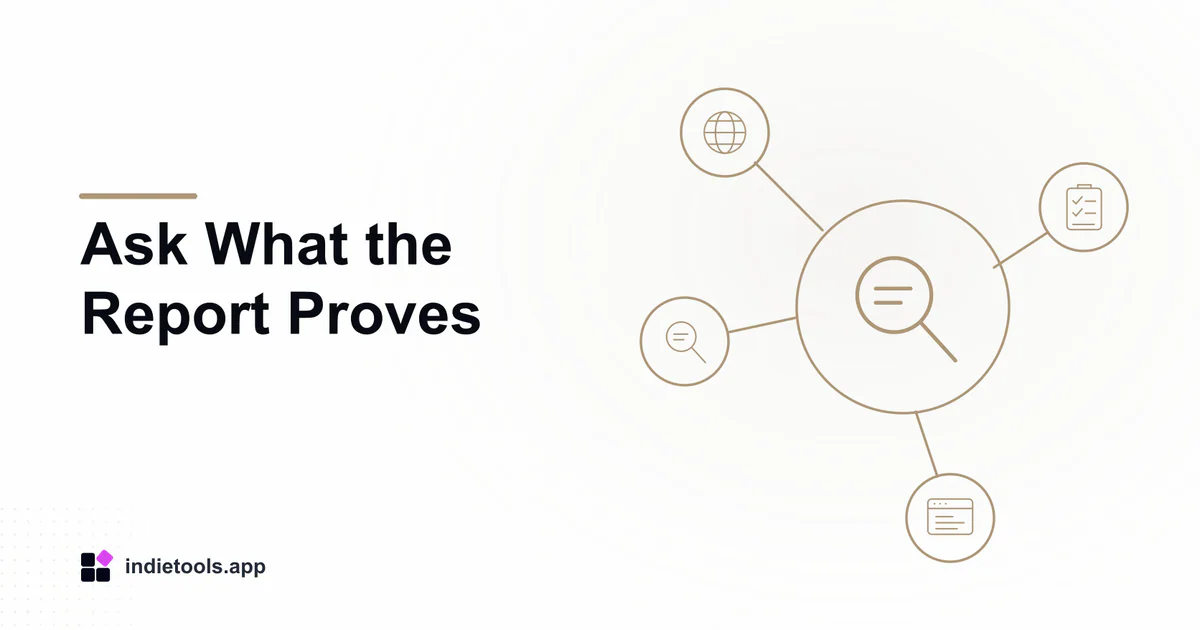 Ask What the Report Proves: search illustration with IndieTools branding