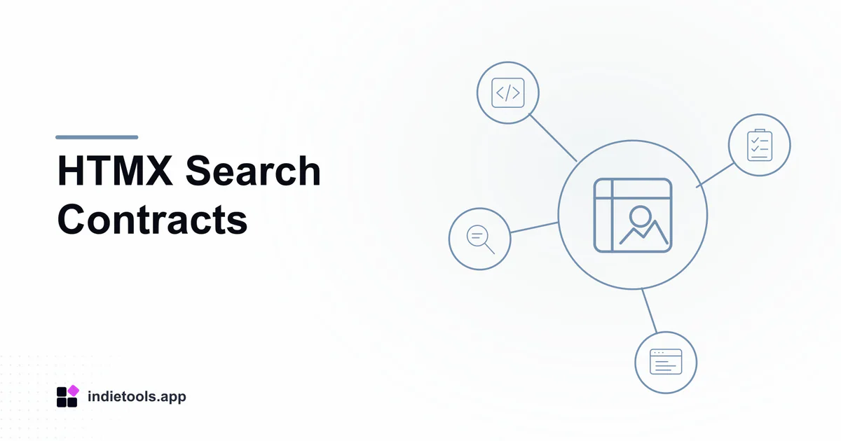 HTMX Search Contracts: design illustration with IndieTools branding