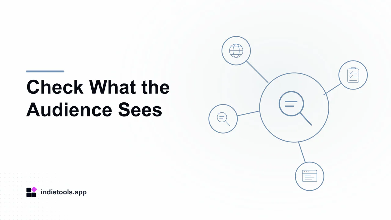 Check What the Audience Sees: search illustration with IndieTools branding