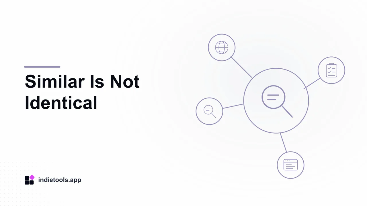 Similar Is Not Identical: search illustration with IndieTools branding