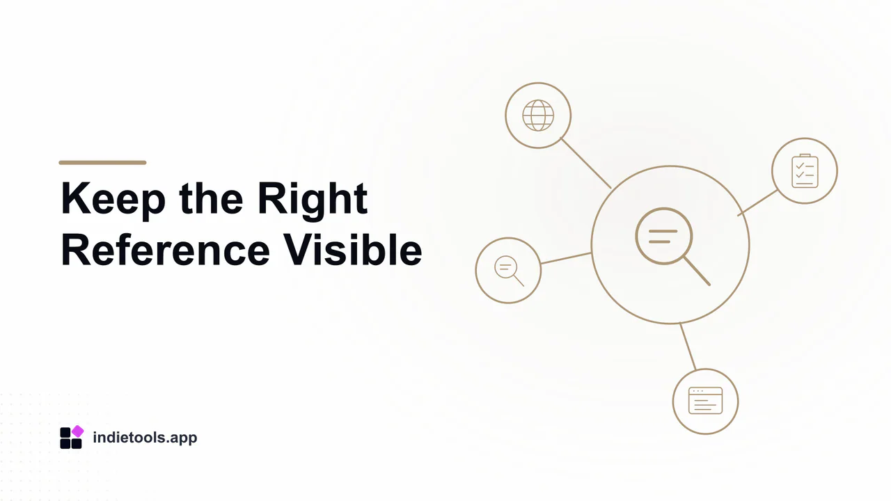 Keep the Right Reference Visible: search illustration with IndieTools branding