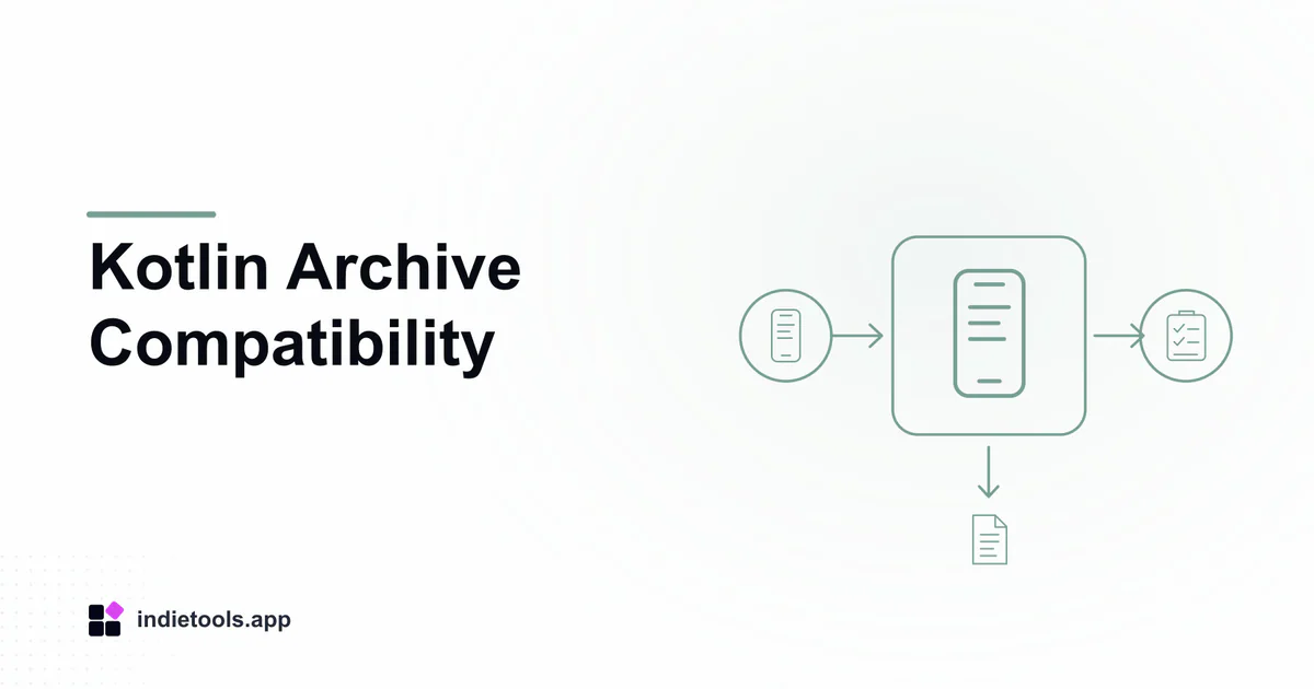 Kotlin Archive Compatibility: phone illustration with IndieTools branding