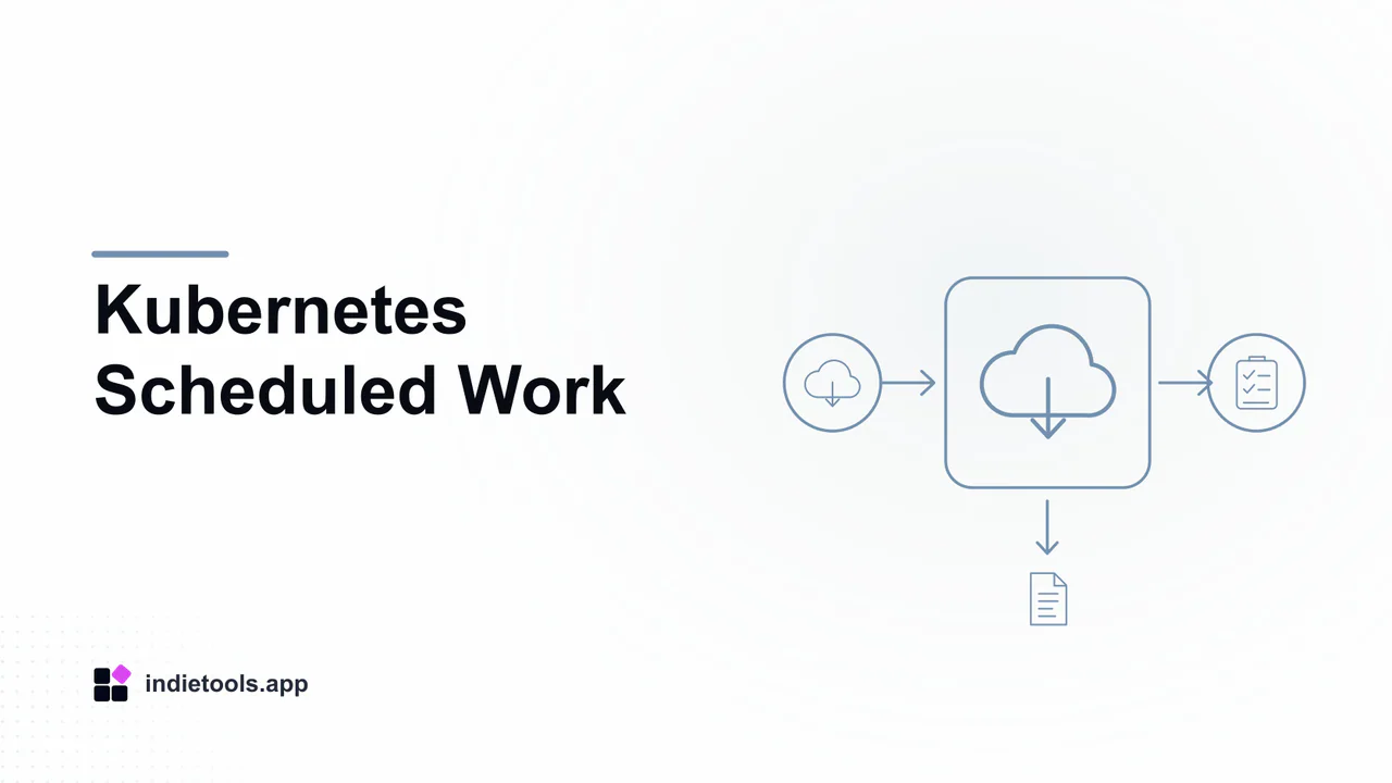 Kubernetes Scheduled Work: cloud illustration with IndieTools branding