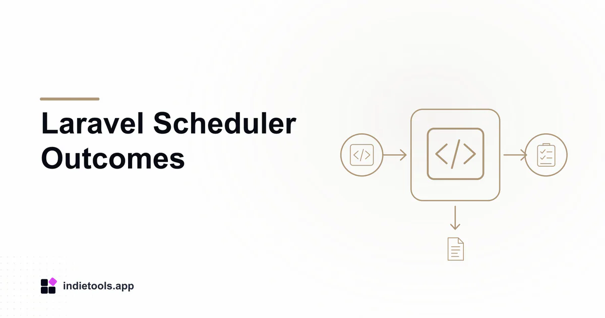 Laravel Scheduler Outcomes: code illustration with IndieTools branding