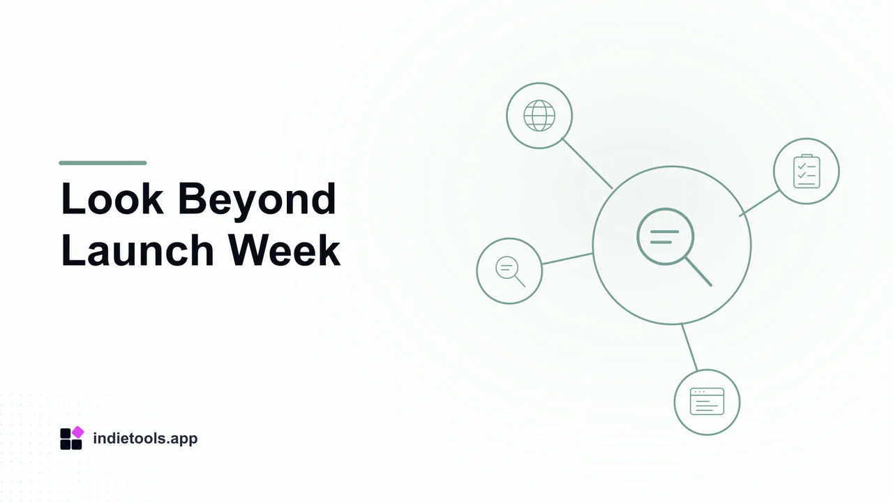 Look Beyond Launch Week: search illustration with IndieTools branding