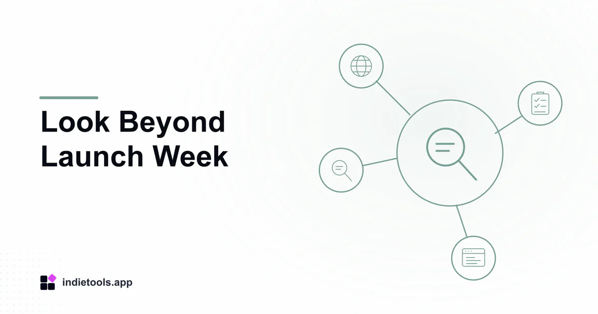 Look Beyond Launch Week: search illustration with IndieTools branding