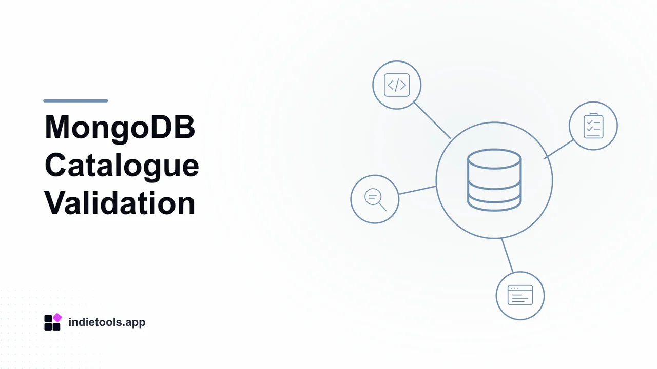 MongoDB Catalogue Validation: database illustration with IndieTools branding