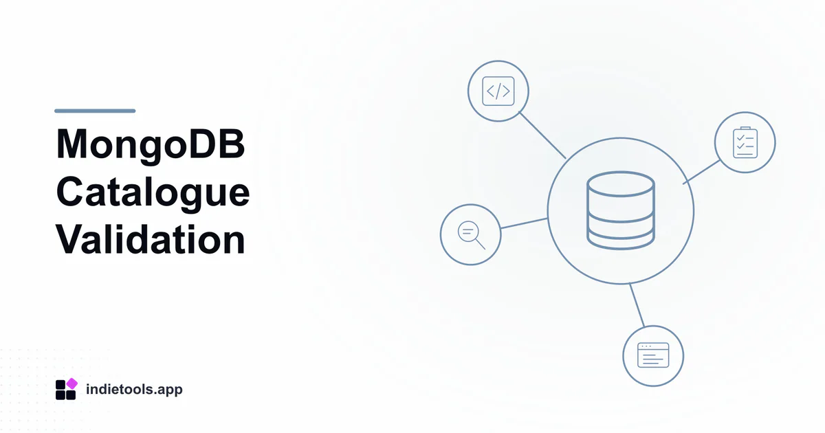 MongoDB Catalogue Validation: database illustration with IndieTools branding