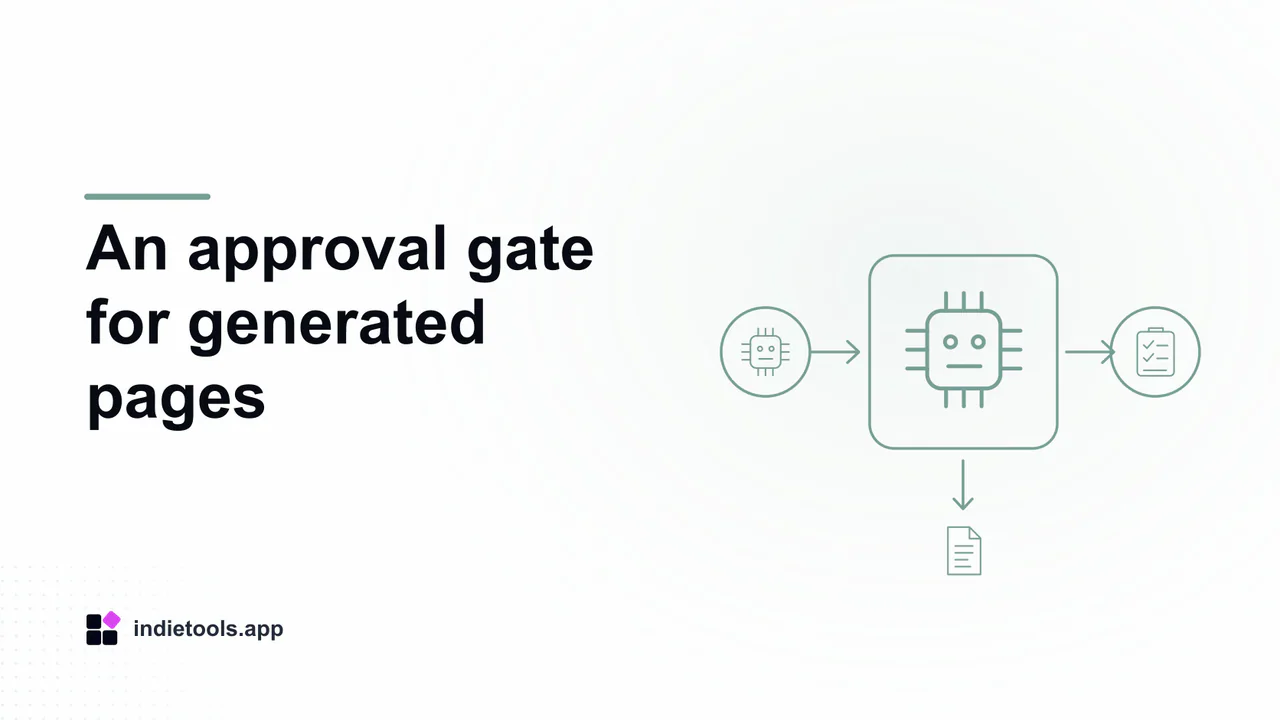An approval gate for generated pages: ai illustration with IndieTools branding