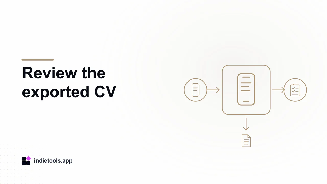 Review the exported CV: phone illustration with IndieTools branding
