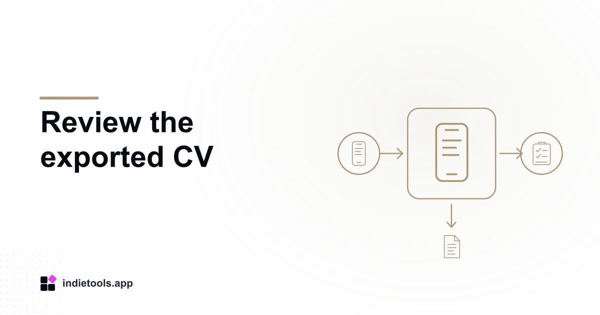 Review the exported CV: phone illustration with IndieTools branding