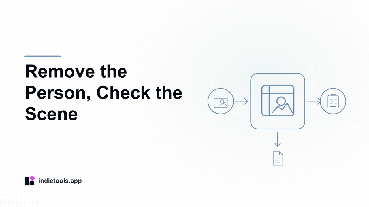 Remove the Person, Check the Scene: design illustration with IndieTools branding