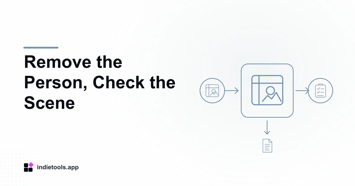 Remove the Person, Check the Scene: design illustration with IndieTools branding
