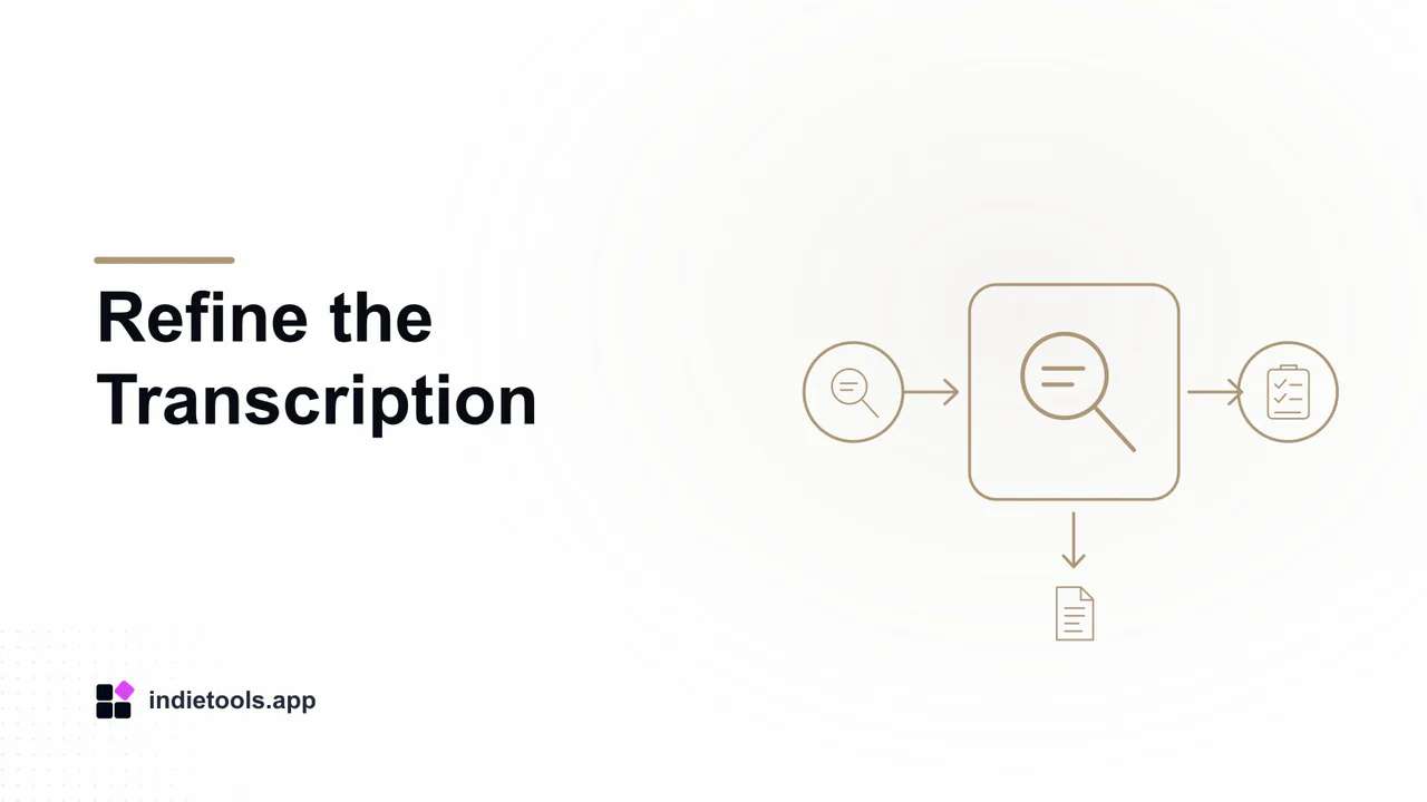 Refine the Transcription: search illustration with IndieTools branding