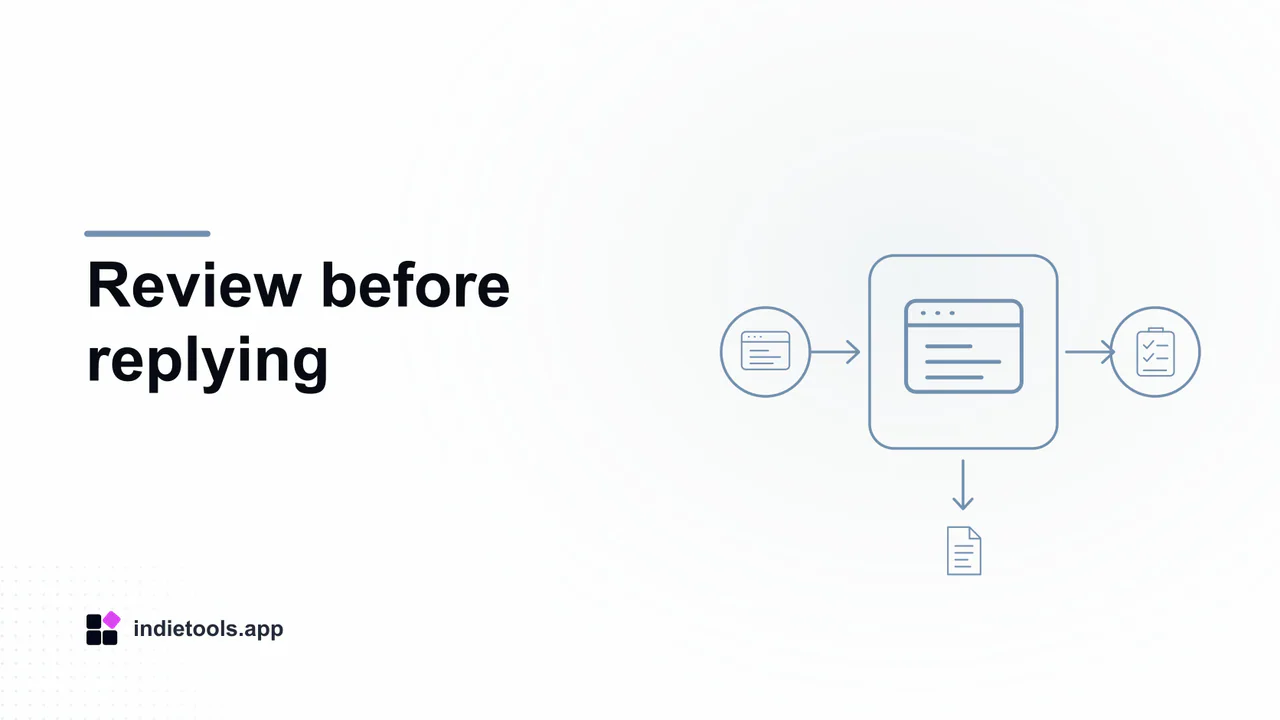 Review before replying: browser illustration with IndieTools branding