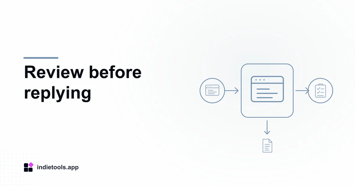 Review before replying: browser illustration with IndieTools branding