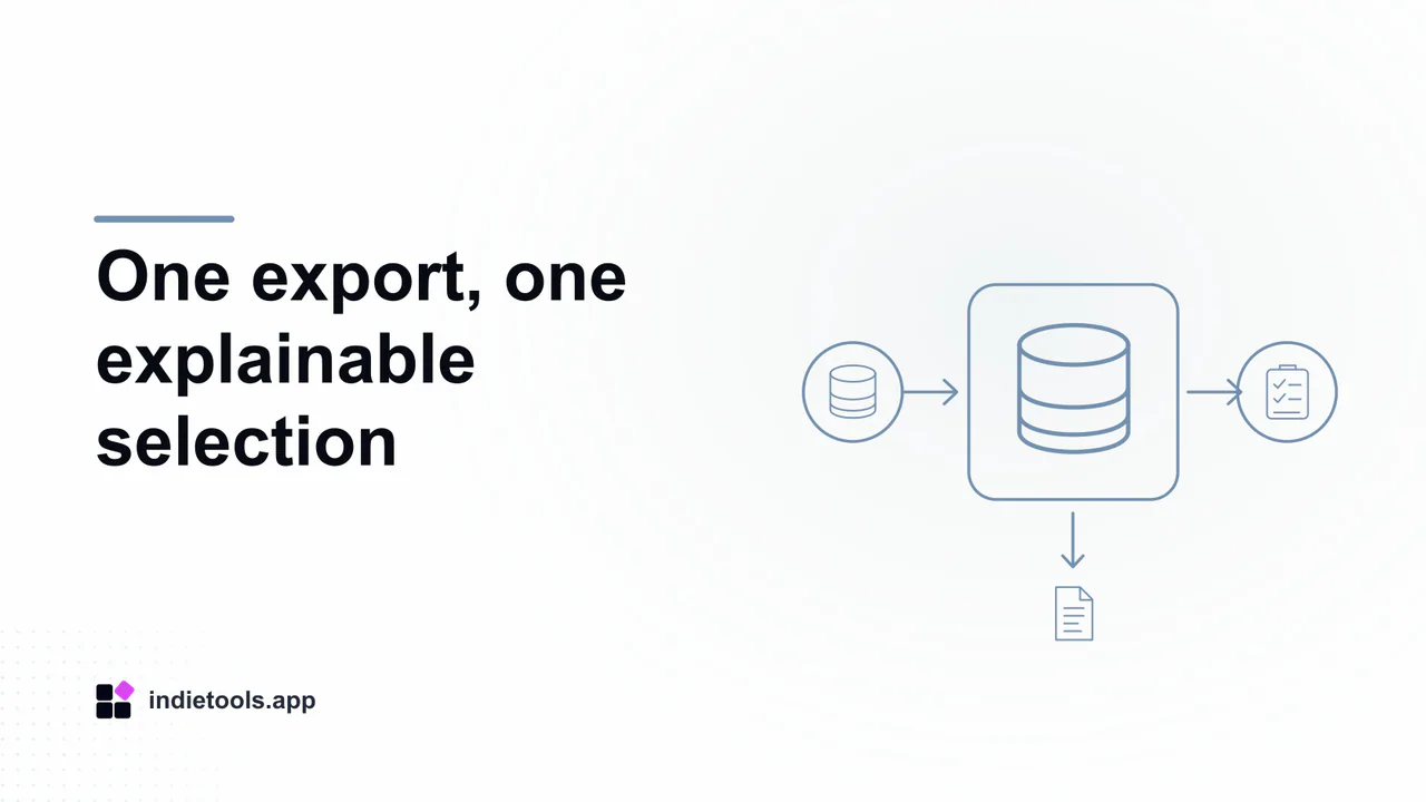 One export, one explainable selection: database illustration with IndieTools branding