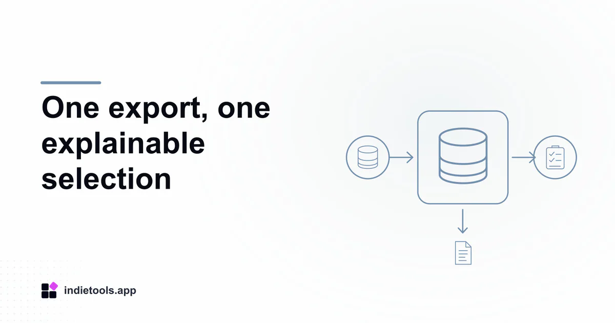 One export, one explainable selection: database illustration with IndieTools branding