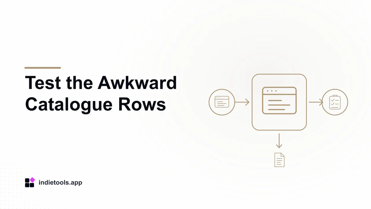 Test the Awkward Catalogue Rows: browser illustration with IndieTools branding