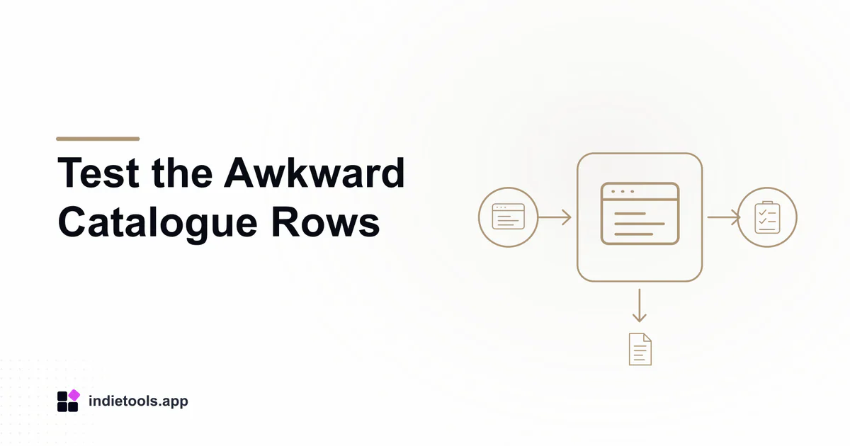 Test the Awkward Catalogue Rows: browser illustration with IndieTools branding