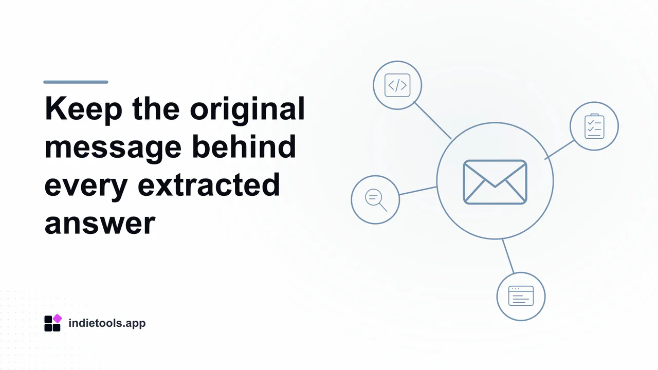 Keep the original message behind every extracted answer: email illustration with IndieTools branding